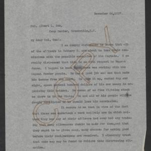 Letter from Thomas W. Bickett to Albert L. Cox, November 24, 1917
