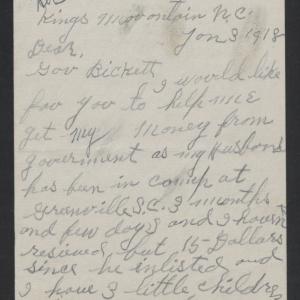 Letter from Cara E. R. Jonas to Thomas W. Bickett, January 3, 1918, page 1