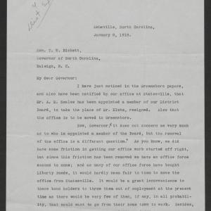 Letter from Otto R. Jarrett to Thomas W. Bickett, January 8, 1918, page 1