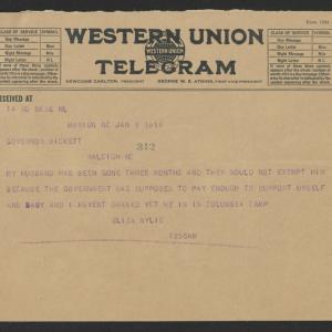 Telegram from Eliza C. Wylie to Thomas W. Bickett, January 8, 1918