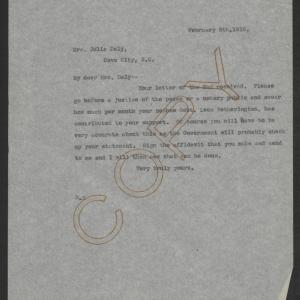 Letter from Thomas W. Bickett to Julia I. Daly, February 5, 1918
