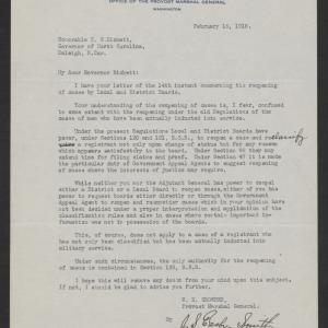 Letter from Enoch H. Crowder and James S. Easby-Smith to Thomas W. Bickett, February 16, 1918
