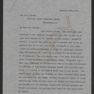 Letter from Thomas W. Bickett to Charles H. Turner, February 20, 1918