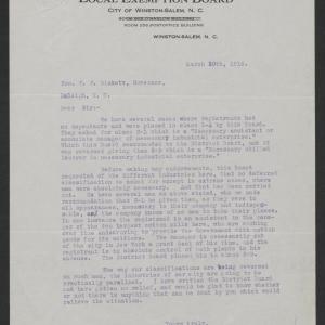 Letter from James S. Kuykendall to Thomas W. Bickett, March 20, 1918