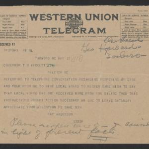 Telegram from Ray Anderson to Thomas W. Bickett, March 21, 1918