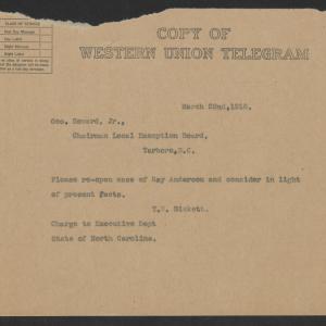 Telegram from Thomas W. Bickett to George Howard, Jr., March 22, 1918