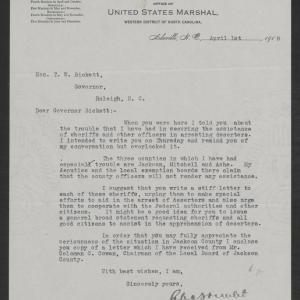 Letter from Charles A. Webb to Thomas W. Bickett, April 1, 1918