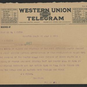 Telegram from J. K. Penchl to Thomas W. Bickett, July 2, 1918