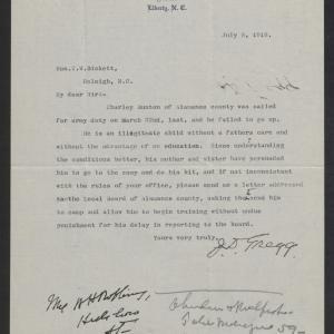 Letter from James D. Gregg to Thomas W. Bickett, July 8, 1918
