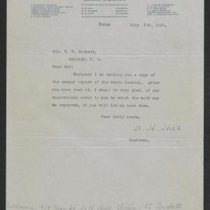 Letter from Daniel H. Hill to Thomas W. Bickett, July 8, 1918