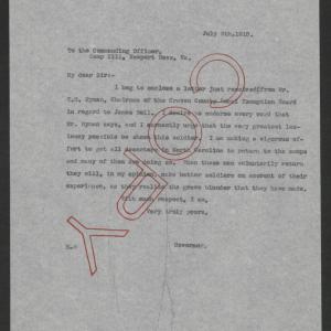 Letter from Thomas W. Bickett to the Commanding Officer of Camp Hill, July 9, 1918