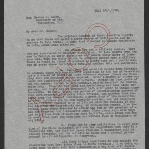 Letter from Thomas W. Bickett to Newton D. Baker, July 10, 1918, page 1