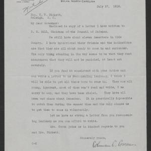 Letter from Coleman C. Cowan to Thomas W. Bickett, July 27, 1918