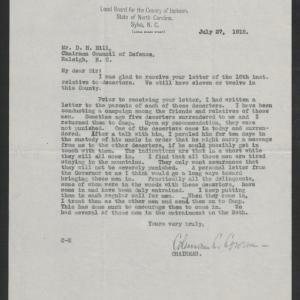 Letter from Coleman C. Cowan to Daniel H. Hill, July 27, 1918