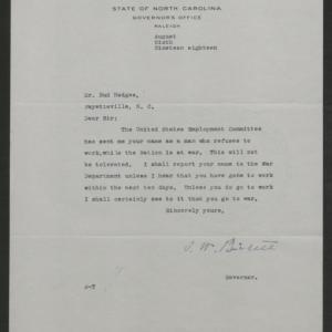 Letter from Thomas W. Bickett to Bud Hodges, August 6, 1918