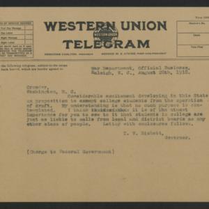 Telegram from Thomas W. Bickett to Enoch H. Crowder, August 28, 1918