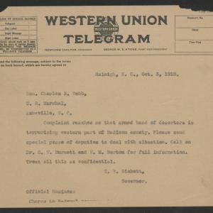 Telegram from Thomas W. Bickett to Charles A. Webb, October 3, 1918