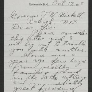 Letter from Hoyt G. Roberson to Thomas W. Bickett, October 17, 1918, page 1