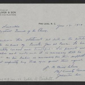 Letter from Doctor B. Oliver to the Adjutant General of the Army, January 17, 1919