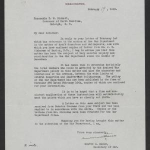 Letter from Newton D. Baker to Thomas W. Bickett, February 19, 1919