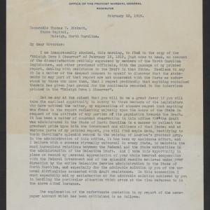 Letter from Enoch H. Crowder to Thomas W. Bickett, February 23, 1919, page 1