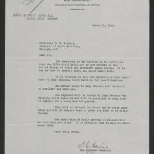 Letter from Peter C. Harris to Thomas W. Bickett, March 11, 1919
