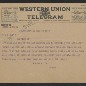 Telegram from Albert L. Cox to Thomas W. Bickett, March 21, 1919