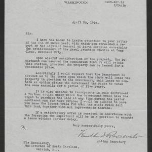 Letter from Franklin D. Roosevelt to Thomas W. Bickett, April 30, 1919