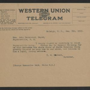 Telegram from Thomas W. Bickett to John Underwood, December 5, 1919
