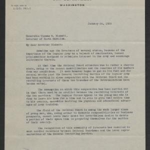 Letter from Newton D. Baker to Thomas W. Bickett, January 24, 1920, page 1