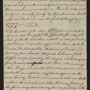Bond from the Bertie County Court for Francis Johnston to leave North Carolina, 14 August 1777, page 1