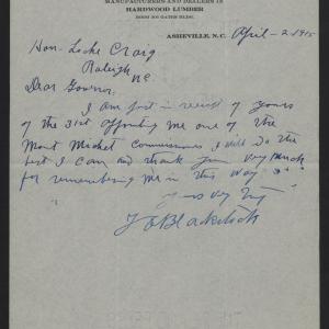Letter from Blackstock to Craig, April 2, 1915