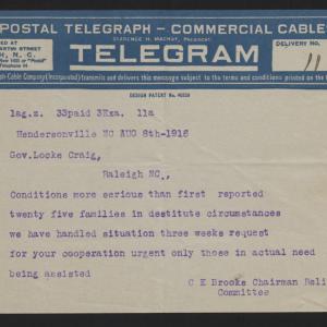 Telegram from Brooks to Craig, August 8, 1916