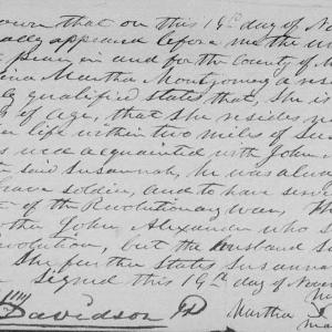 Affidavit of Martha Montgomery in support of a Pension Claim for Susana Alexander, 19 November 1851
