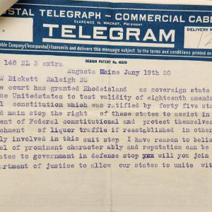 Telegram from Milliken to Bickett, January 19, 1920, page 1