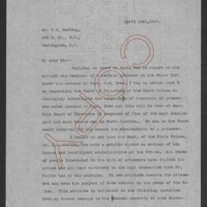 Letter from Bickett to Dudding, April 14, 1919, page 1