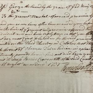 Warrant from James Craven to William Macky for John Robbin, 20 August 1737, page 1