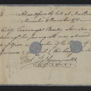 Pension Certificate from the North Carolina Colonial Assembly to Fearnaught Beasley, March 1773, page 1.